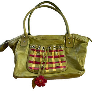 Sofia C. Handbag Green Red Genuine Leather Woven Pattern With Cut Out Charms